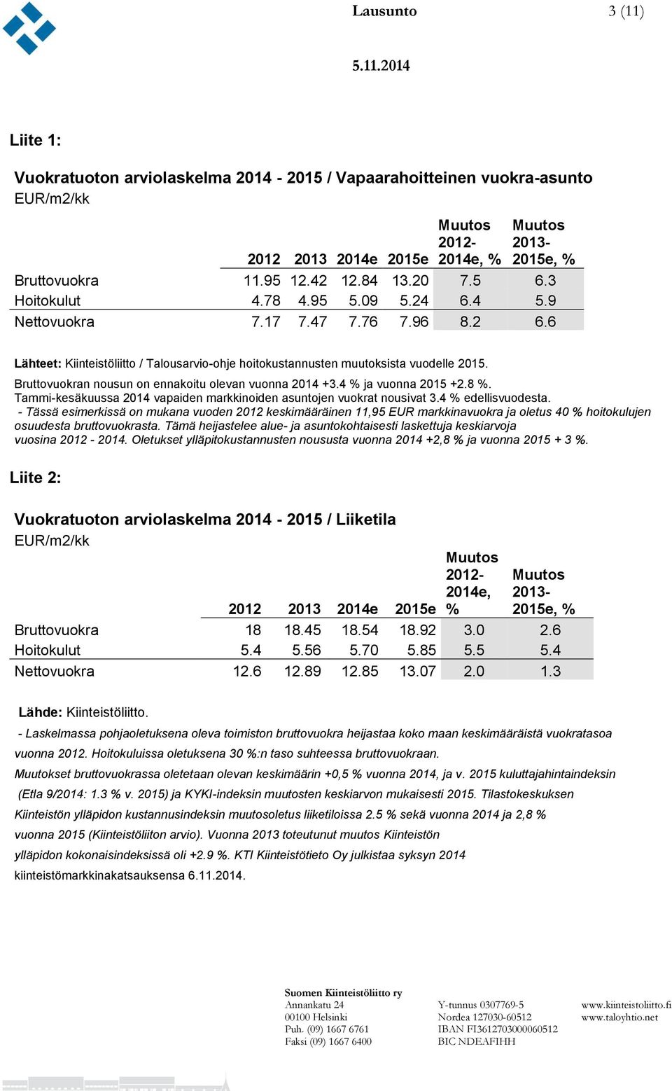 Bruttovuokran nousun on ennakoitu olevan vuonna 2014 +3.4 % ja vuonna 2015 +2.8 %. Tammi-kesäkuussa 2014 vapaiden markkinoiden asuntojen vuokrat nousivat 3.4 % edellisvuodesta.