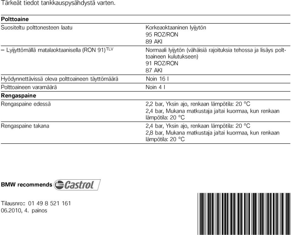 Polttoaineen varamäärä Rengaspaine Korkeaoktaaninen lyijytön 95 ROZ/RON 89 AKI Normaali lyijytön (vähäisiä rajoituksia tehossa ja lisäys polttoaineen kulutukseen) 91 ROZ/RON 87 AKI Noin