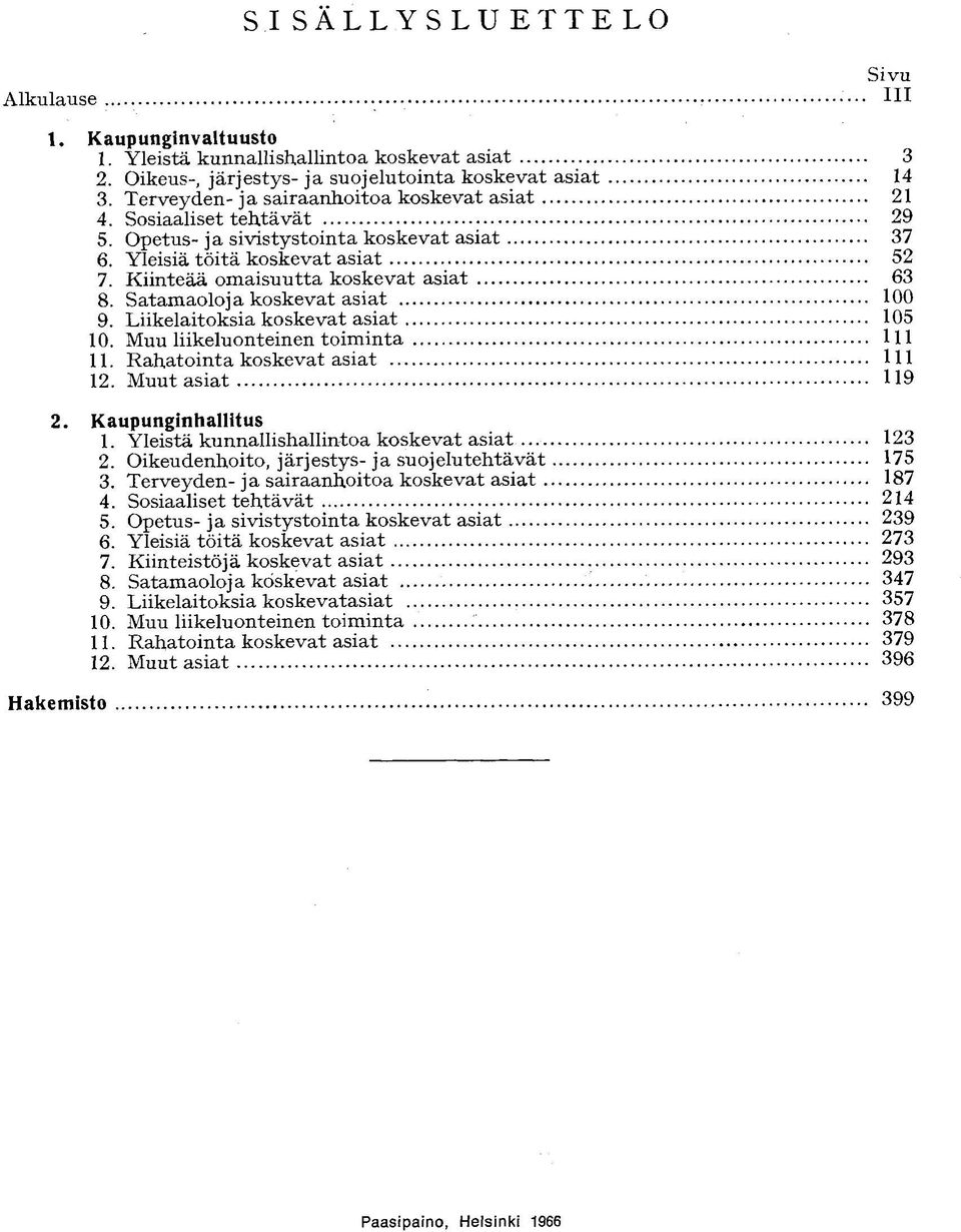 Satamaoloja koskevat asiat 9. Liikelaitoksia koskevat asiat 10. Muu liikeluonteinen toiminta 11. R a h a t o i n t a koskevat asiat 12.