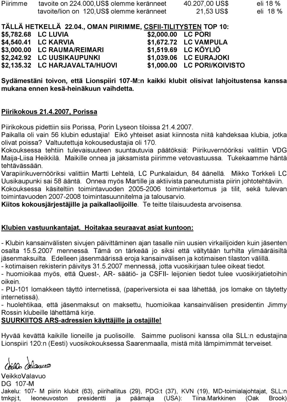 06 LC EURAJOKI $2,135.32 LC HARJAVALTA/HUOVI $1,000.00 LC PORI/KOIVISTO Sydämestäni toivon, että Lionspiiri 107-M:n kaikki klubit olisivat lahjoitustensa kanssa mukana ennen kesä-heinäkuun vaihdetta.