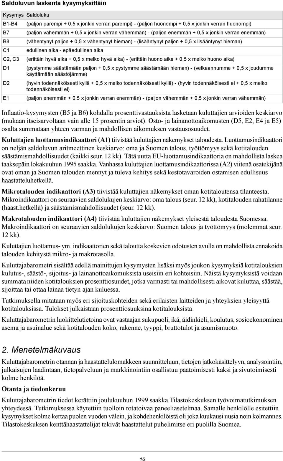 0,5 x melko hyvä aika) - (erittäin huono aika + 0,5 x melko huono aika) (pystymme säästämään + 0,5 x pystymme säästämään hieman) - (velkaannumme + 0,5 x joudumme käyttämään säästöjämme) (hyvin kyllä