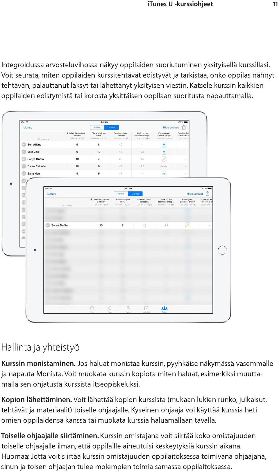 Katsele kurssin kaikkien oppilaiden edistymistä tai korosta yksittäisen oppilaan suoritusta napauttamalla. Hallinta ja yhteistyö Kurssin monistaminen.