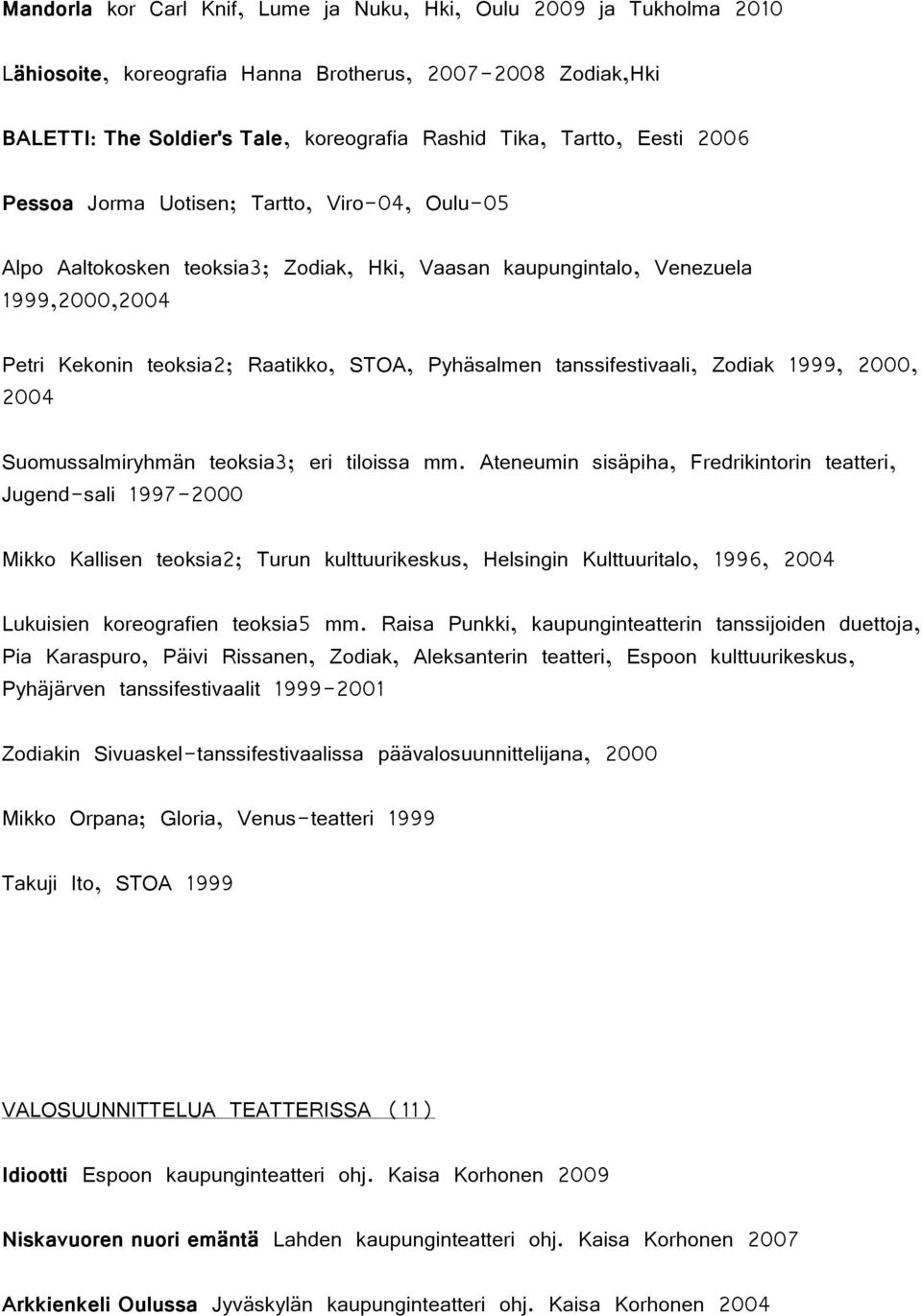 tanssifestivaali, Zodiak 1999, 2000, 2004 Suomussalmiryhmän teoksia3; eri tiloissa mm.