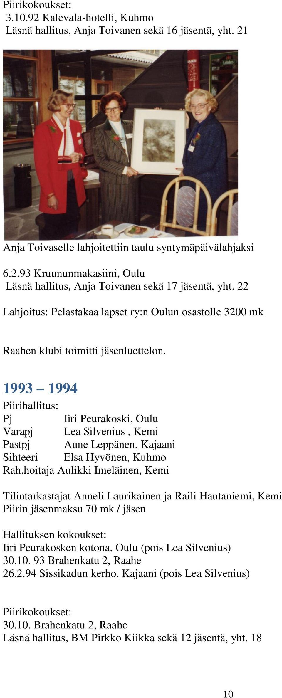 1993 1994 Pj Iiri Peurakoski, Oulu Varapj Lea Silvenius, Kemi Pastpj Aune Leppänen, Kajaani Sihteeri Elsa Hyvönen, Kuhmo Rah.