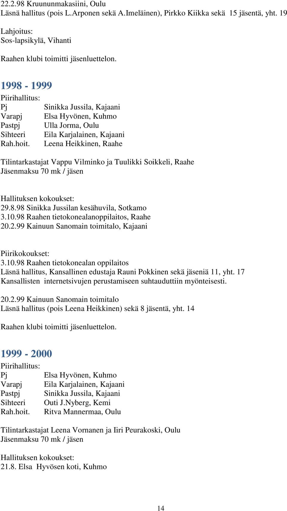 Leena Heikkinen, Raahe Tilintarkastajat Vappu Vilminko ja Tuulikki Soikkeli, Raahe Jäsenmaksu 70 mk / jäsen 29.8.98 Sinikka Jussilan kesähuvila, Sotkamo 3.10.