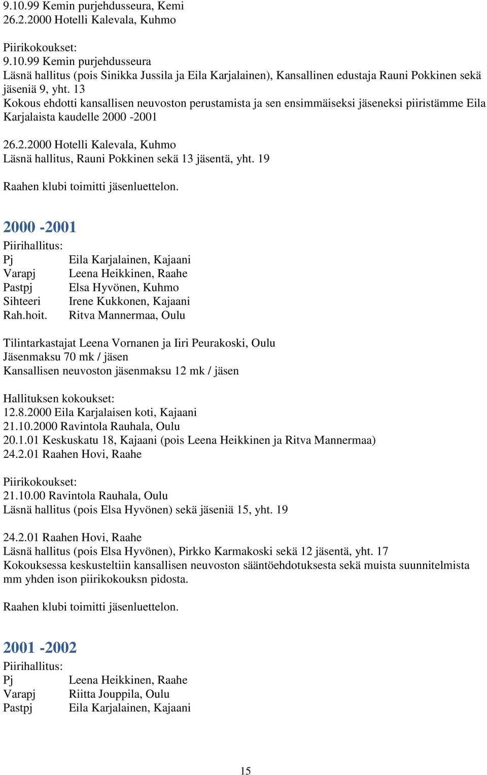 00-2001 26.2.2000 Hotelli Kalevala, Kuhmo Läsnä hallitus, Rauni Pokkinen sekä 13 jäsentä, yht. 19 Raahen klubi toimitti jäsenluettelon.