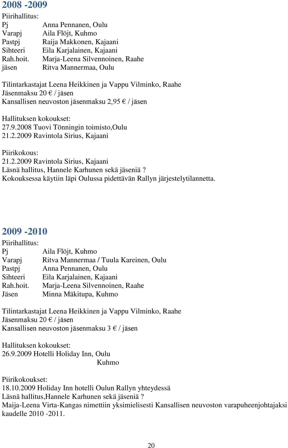 / jäsen 27.9.2008 Tuovi Tönningin toimisto,oulu 21.2.2009 Ravintola Sirius, Kajaani Piirikokous: 21.2.2009 Ravintola Sirius, Kajaani Läsnä hallitus, Hannele Karhunen sekä jäseniä?