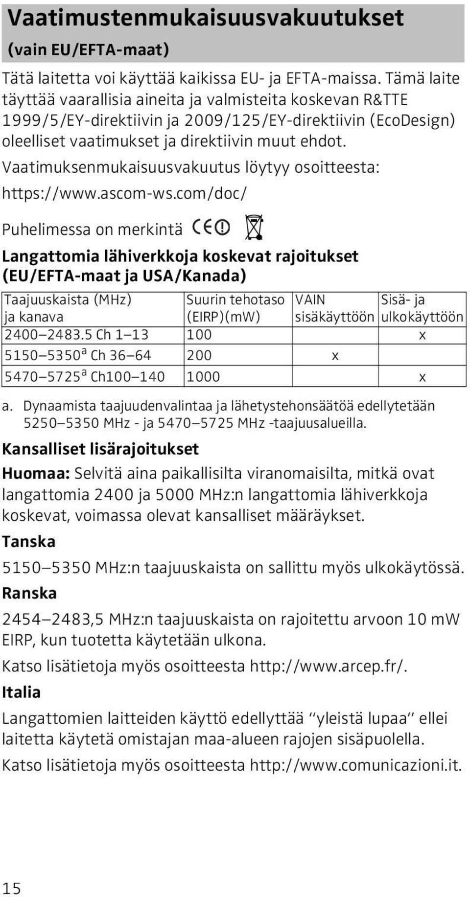 Vaatimuksenmukaisuusvakuutus löytyy osoitteesta: https://www.ascom-ws.