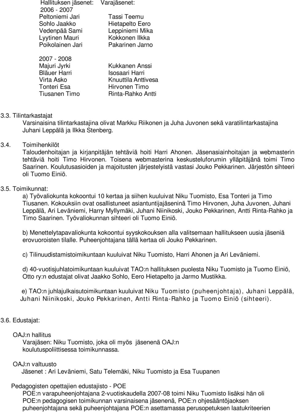 3. Tilintarkastajat Varsinaisina tilintarkastajina olivat Markku Riikonen ja Juha Juvonen sekä varatilintarkastajina Juhani Leppälä ja Ilkka Stenberg. 3.4.