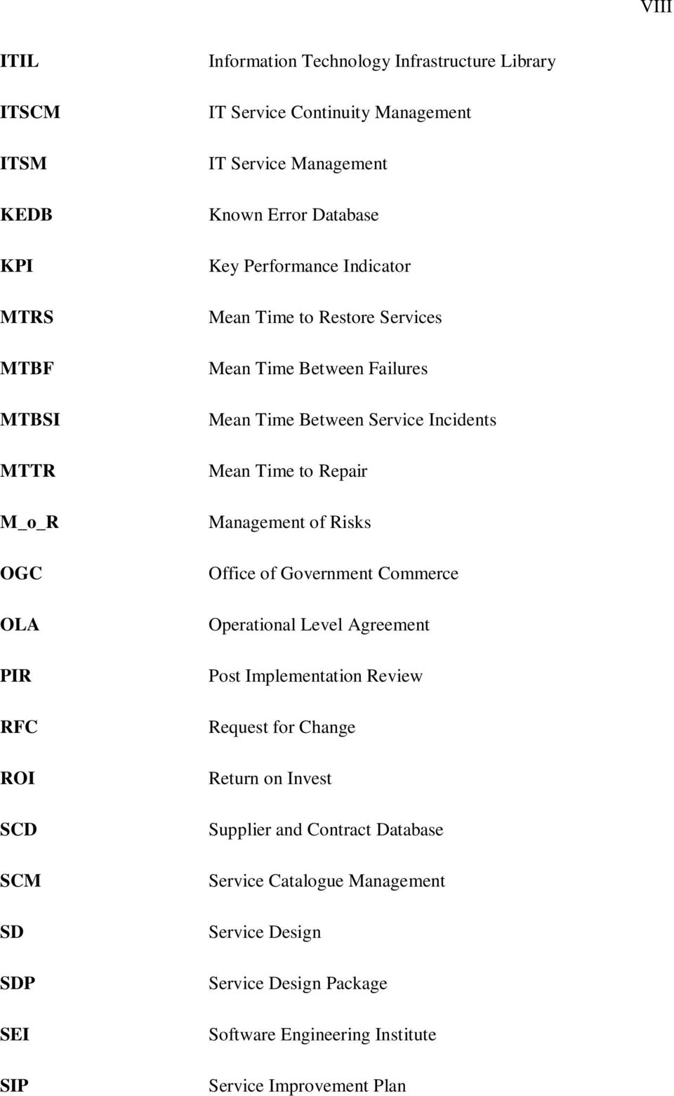 Between Service Incidents Mean Time to Repair Management of Risks Office of Government Commerce Operational Level Agreement Post Implementation Review Request for