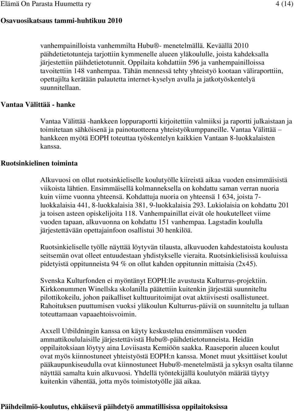 Oppilaita kohdattiin 596 ja vanhempainilloissa tavoitettiin 148 vanhempaa.