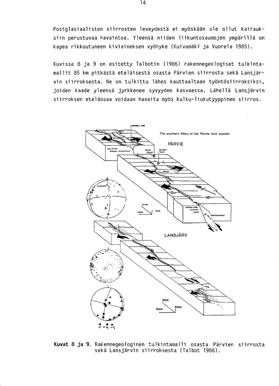 Kuvi ssa 8 ja 9 on esitetty Ta1 botin (1986) rakennegeologiset tulkinta- mal lit 85 km pitkästä eteläisestä osasta Parvien siirrosta seka Lans jarvin si irroksesta.