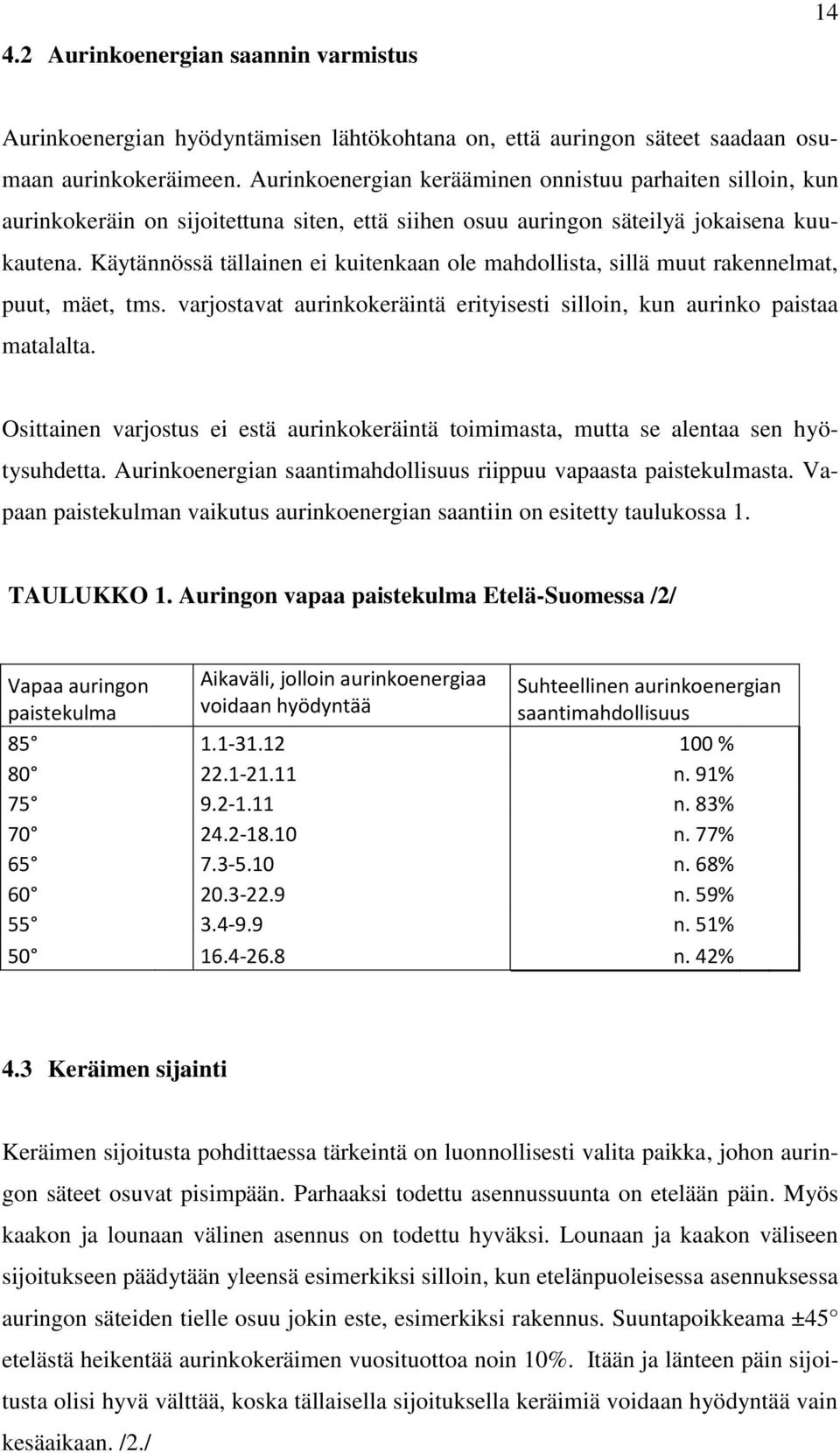 Käytännössä tällainen ei kuitenkaan ole mahdollista, sillä muut rakennelmat, puut, mäet, tms. varjostavat aurinkokeräintä erityisesti silloin, kun aurinko paistaa matalalta.