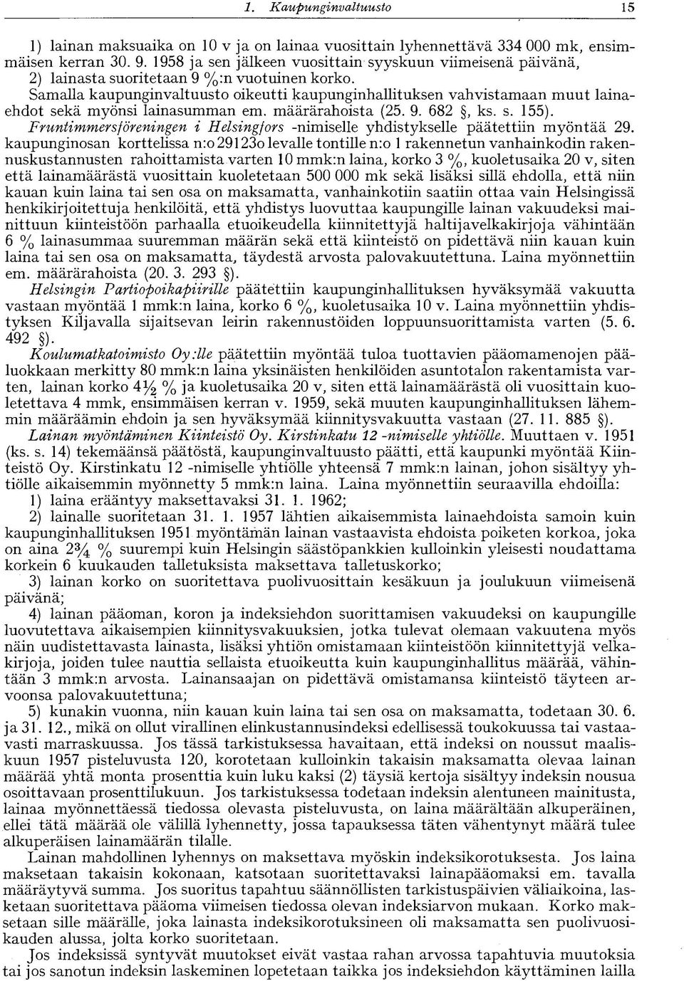 Samalla kaupunginvaltuusto oikeutti kaupunginhallituksen vahvistamaan muut lainaehdot sekä myönsi lainasumman em. määrärahoista (25. 9. 682, ks. s. 155).