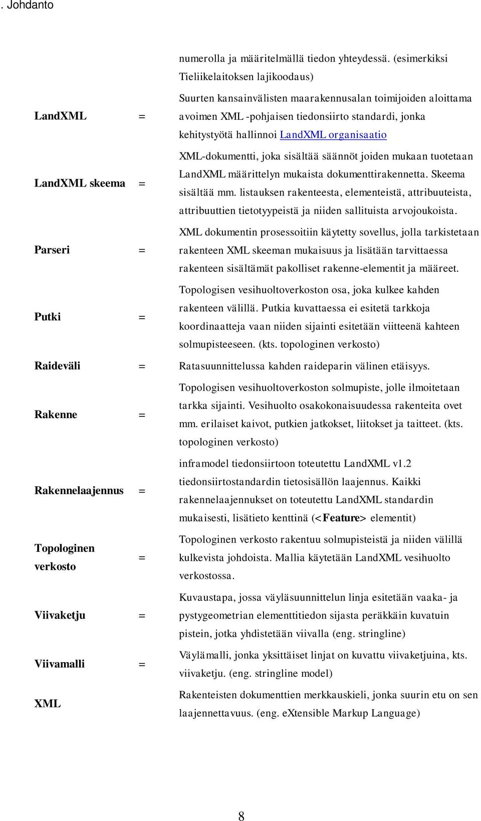 organisaatio LandXML skeema = XML-dokumentti, joka sisältää säännöt joiden mukaan tuotetaan LandXML määrittelyn mukaista dokumenttirakennetta. Skeema sisältää mm.