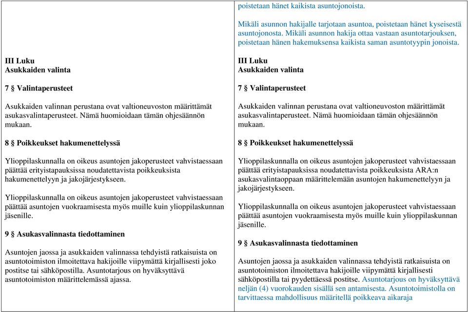 III Luku Asukkaiden valinta 7 Valintaperusteet Asukkaiden valinnan perustana ovat valtioneuvoston määrittämät asukasvalintaperusteet. Nämä huomioidaan tämän ohjesäännön mukaan.