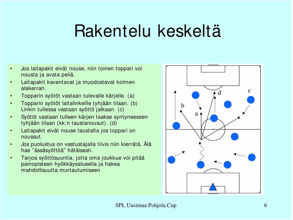 (c) Syötöt vastaan tulleen kärjen taakse syntyneeseen tyhjään tilaan (kk:n taustanousut). (d) Laitapakit eivät nouse taustalta jos toppari on noussut.