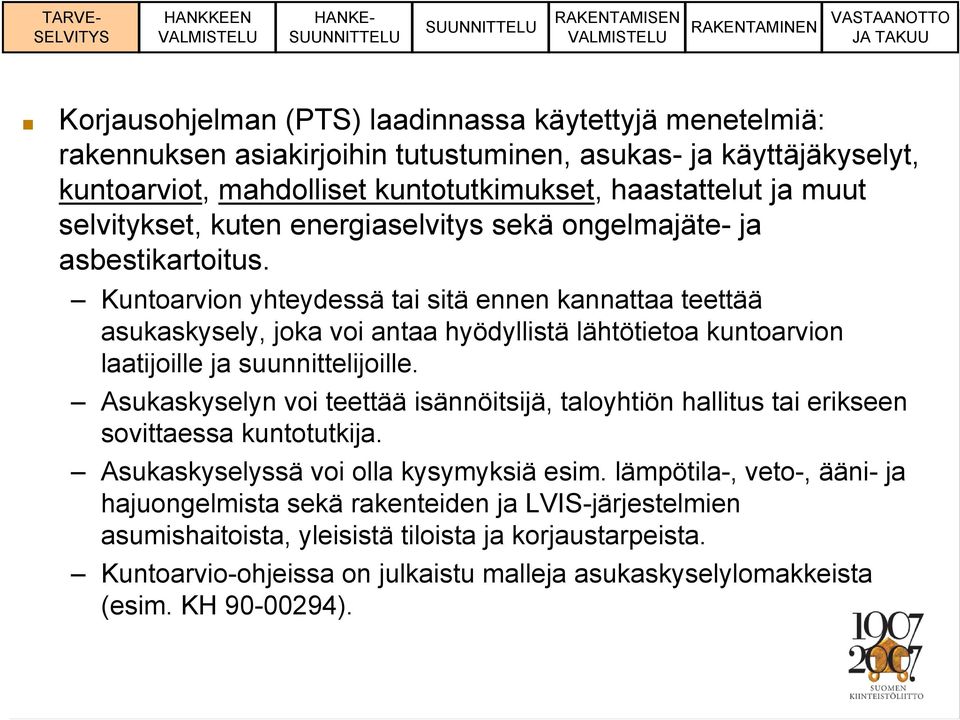 Kuntoarvion yhteydessä tai sitä ennen kannattaa teettää asukaskysely, joka voi antaa hyödyllistä lähtötietoa kuntoarvion laatijoille ja suunnittelijoille.