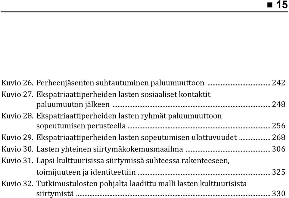 Ekspatriaattiperheiden lasten ryhmät paluumuuttoon sopeutumisen perusteella... 256 Kuvio 29.