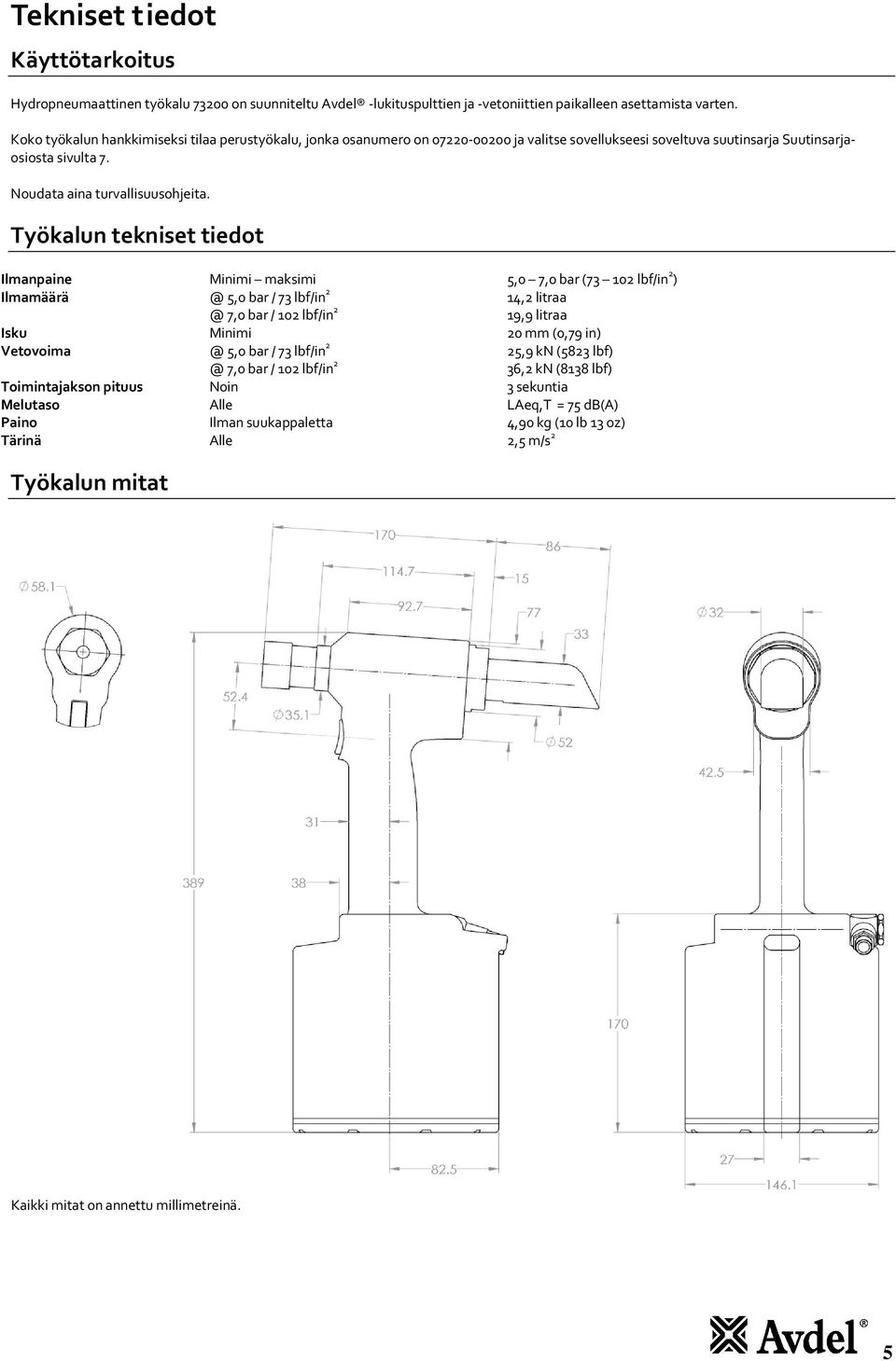 Työkalun tekniset tiedot Ilmanpaine Minimi maksimi 5,0 7,0 bar (73 102 lbf/in 2 ) Ilmamäärä @ 5,0 bar / 73 lbf/in 2 14,2 litraa @ 7,0 bar / 102 lbf/in 2 19,9 litraa Isku Minimi 20 mm (0,79 in)