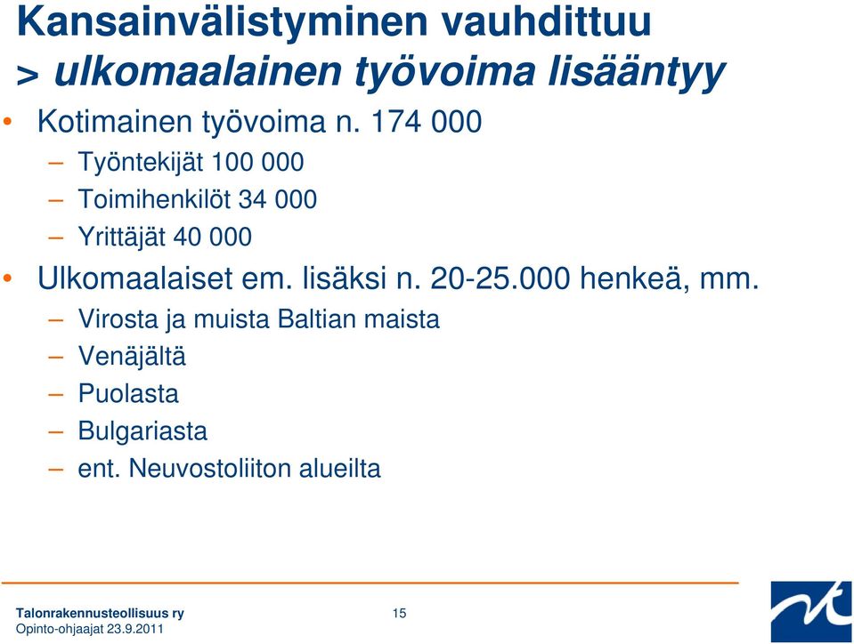 174 000 Työntekijät 100 000 Toimihenkilöt 34 000 Yrittäjät 40 000 Työskentelyä