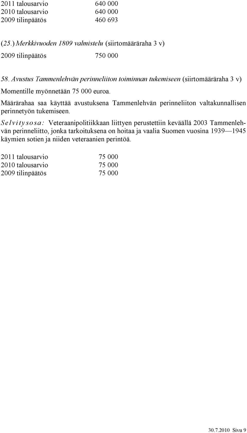 Määrärahaa saa käyttää avustuksena Tammenlehvän perinneliiton valtakunnallisen perinnetyön tukemiseen.