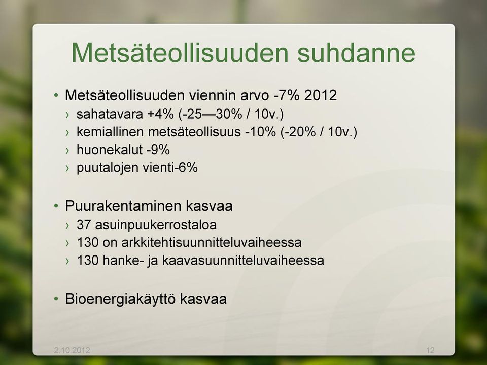 ) huonekalut -9% puutalojen vienti-6% Puurakentaminen kasvaa 37 asuinpuukerrostaloa