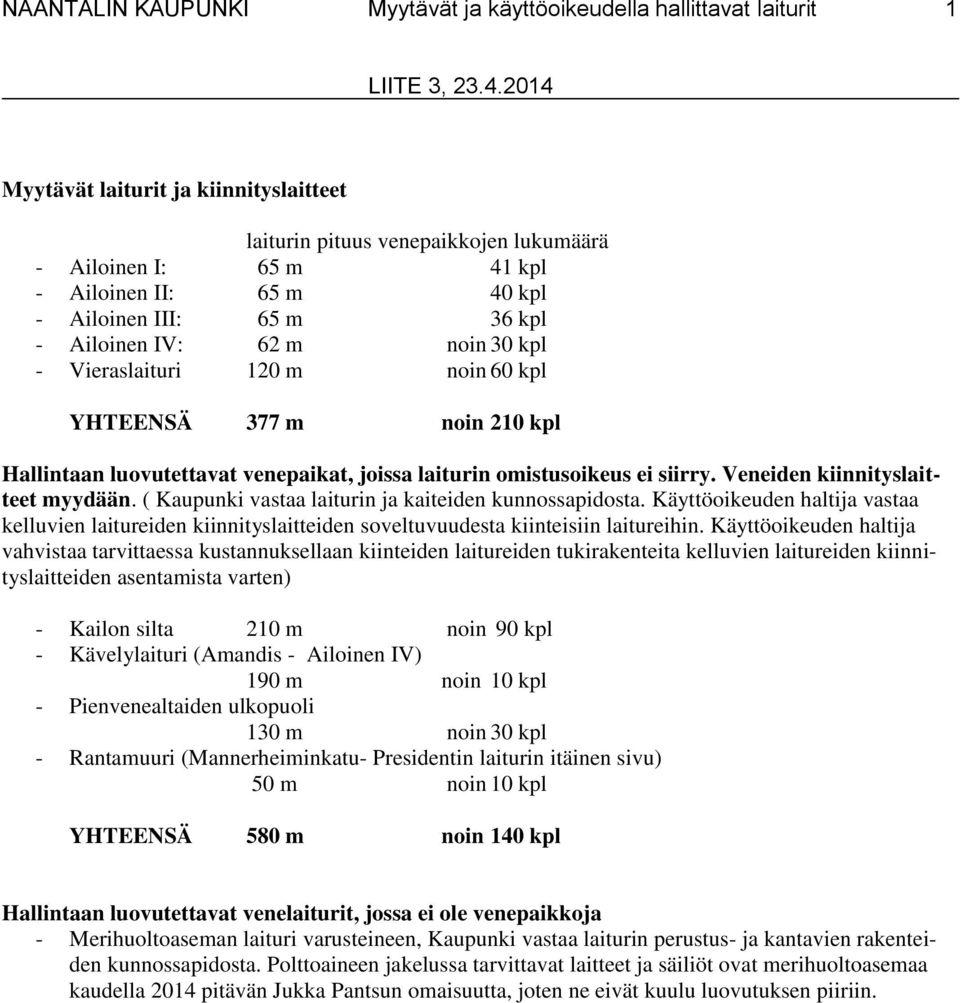 Vieraslaituri 120 m noin 60 kpl YHTEENSÄ 377 m noin 210 kpl Hallintaan luovutettavat venepaikat, joissa laiturin omistusoikeus ei siirry. Veneiden kiinnityslaitteet myydään.