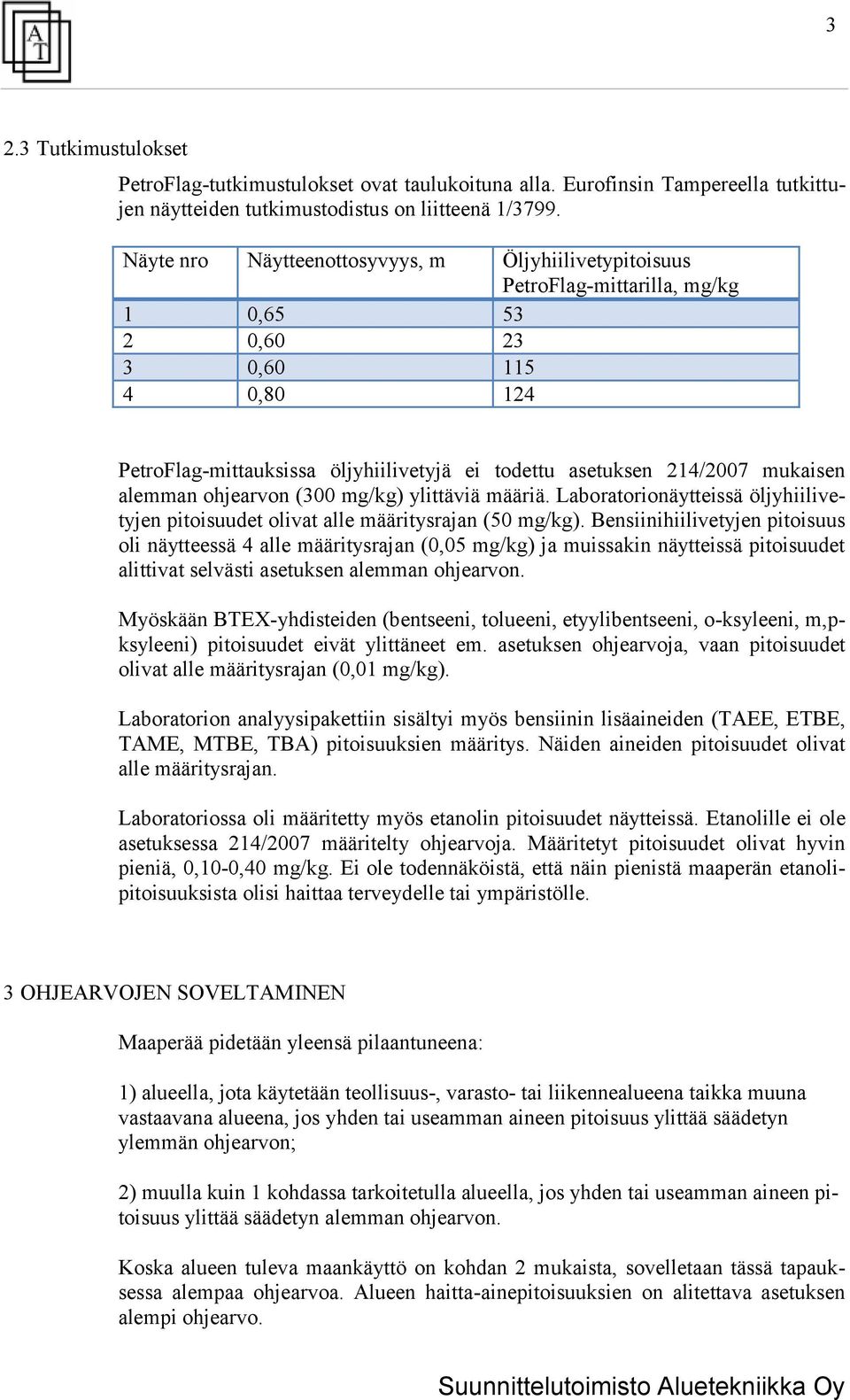 mukaisen alemman ohjearvon (300 mg/kg) ylittäviä määriä. Laboratorionäytteissä öljyhiilivetyjen pitoisuudet olivat alle määritysrajan (50 mg/kg).