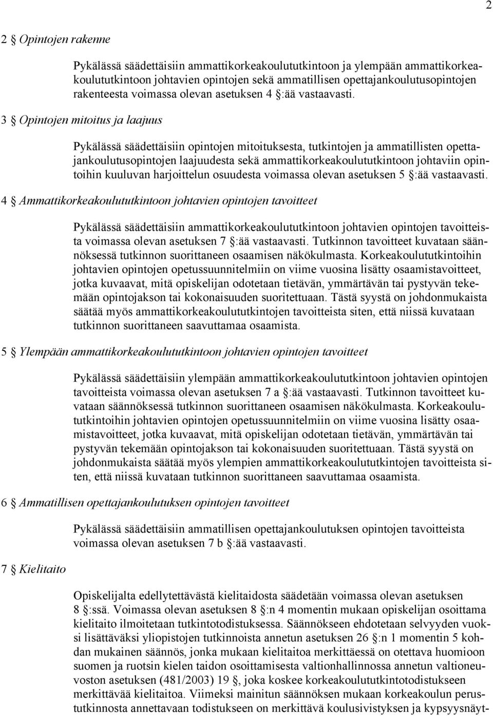 3 Opintojen mitoitus ja laajuus Pykälässä säädettäisiin opintojen mitoituksesta, tutkintojen ja ammatillisten opettajankoulutusopintojen laajuudesta sekä ammattikorkeakoulututkintoon johtaviin