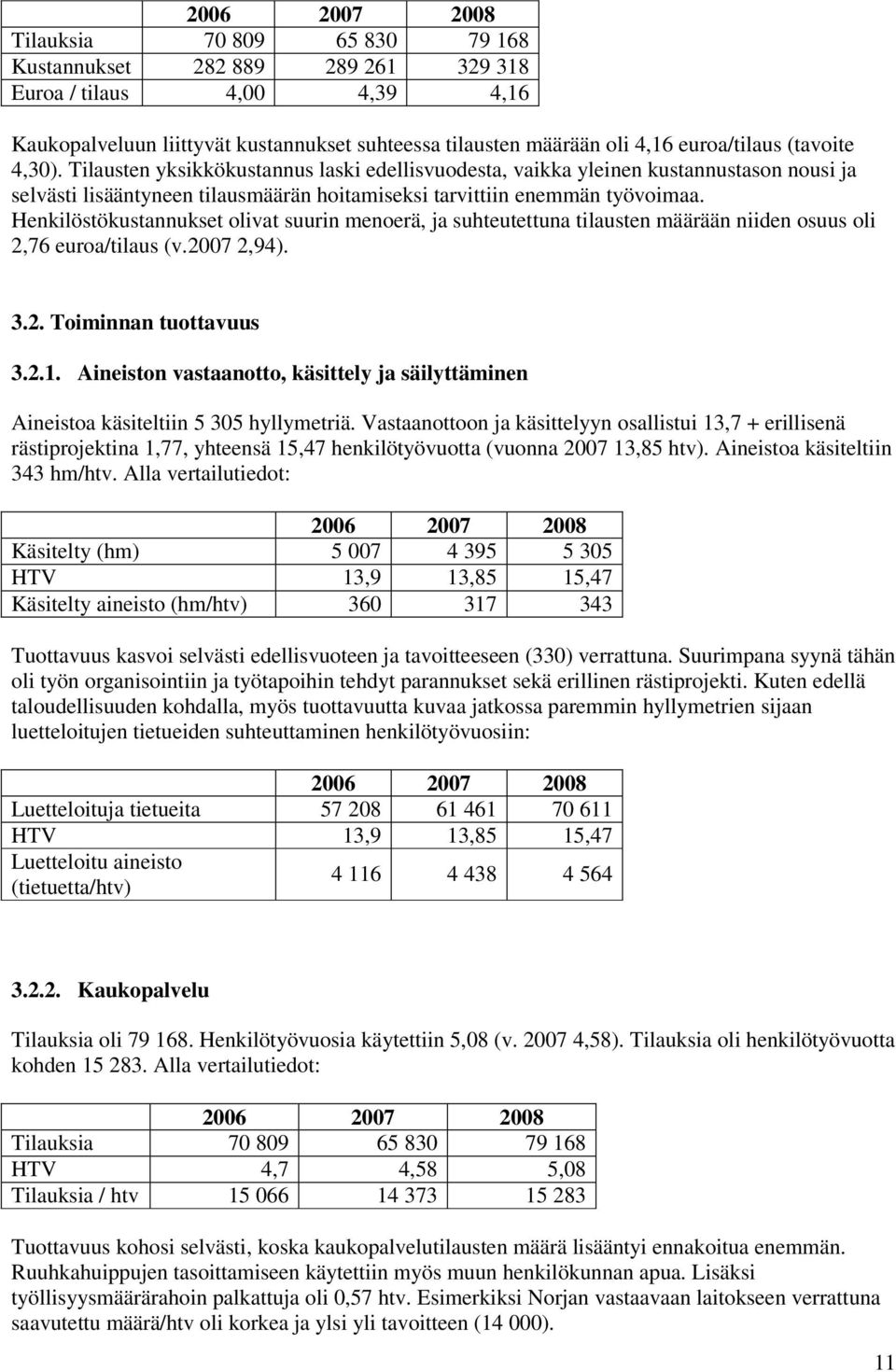 Henkilöstökustannukset olivat suurin menoerä, ja suhteutettuna tilausten määrään niiden osuus oli 2,76 euroa/tilaus (v.2007 2,94). 3.2. Toiminnan tuottavuus 3.2.1.