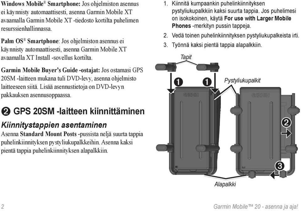 Garmin Mobile Buyer s Guide -ostajat: Jos ostamasi GPS 20SM -laitteen mukana tuli DVD-levy, asenna ohjelmisto laitteeseen siitä. Lisää asennustietoja on DVD levyn pakkauksen asennusoppaassa.