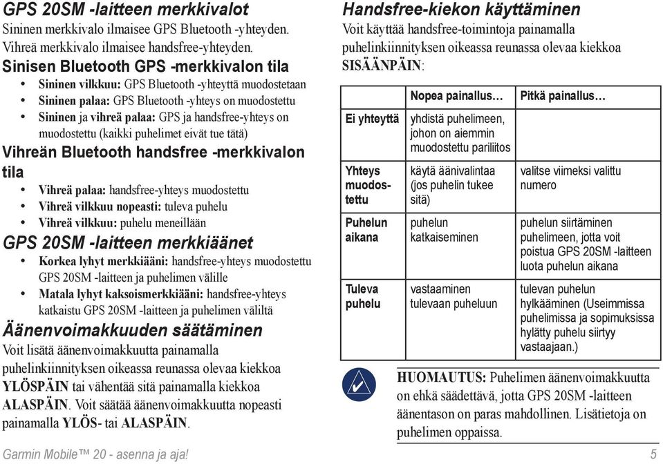 muodostettu (kaikki puhelimet eivät tue tätä) Vihreän Bluetooth handsfree -merkkivalon tila Vihreä palaa: handsfree-yhteys muodostettu Vihreä vilkkuu nopeasti: tuleva puhelu Vihreä vilkkuu: puhelu