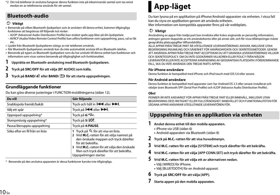 Distribution Profile) kan endast spela upp låtar på din ljudspelare. AVRCP (Audio/Video Remote Control Profile) kan utföra funktioner som uppspelning, paus, val av låt etc.