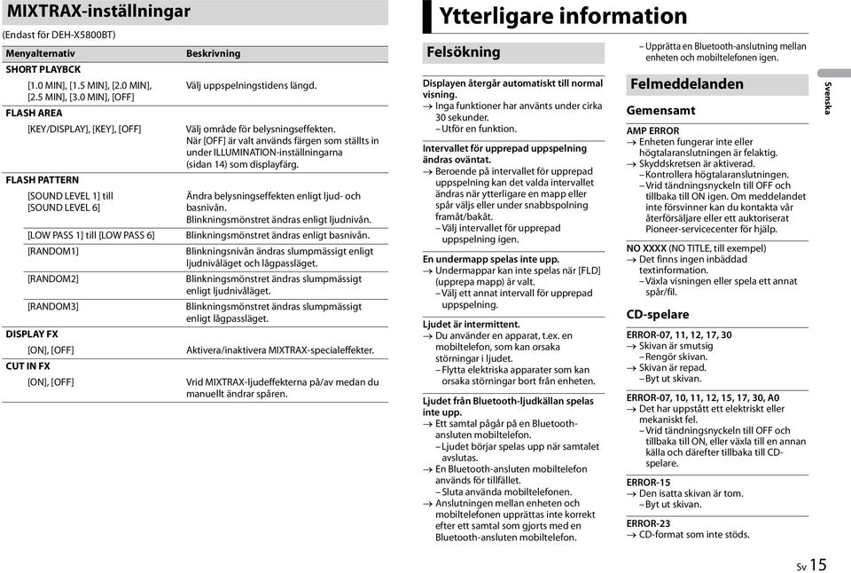 Välj uppspelningstidens längd. Välj område för belysningseffekten. När [OFF] är valt används färgen som ställts in under ILLUMINATION-inställningarna (sidan 14) som displayfärg.