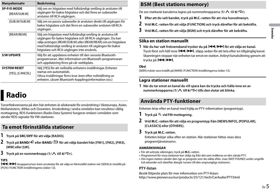 till RCA-utgången. Välj om en passiv subwoofer är ansluten direkt till utgången för bakre högtalare och det finns en subwoofer ansluten till RCAutgången.