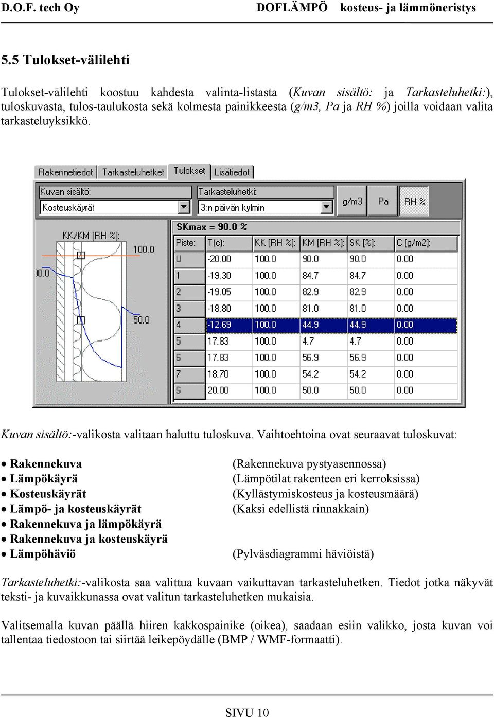 Vaihtoehtoina ovat seuraavat tuloskuvat: Rakennekuva Lämpökäyrä Kosteuskäyrät Lämpö- ja kosteuskäyrät Rakennekuva ja lämpökäyrä Rakennekuva ja kosteuskäyrä Lämpöhäviö (Rakennekuva pystyasennossa)