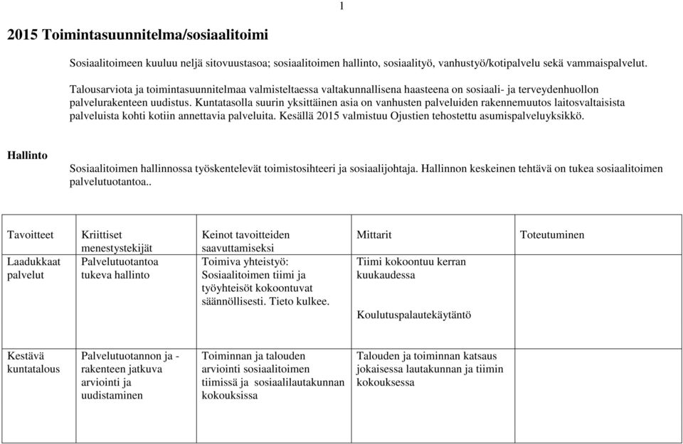 Kuntatasolla suurin yksittäinen asia on vanhusten palveluiden rakennemuutos laitosvaltaisista palveluista kohti kotiin annettavia palveluita.