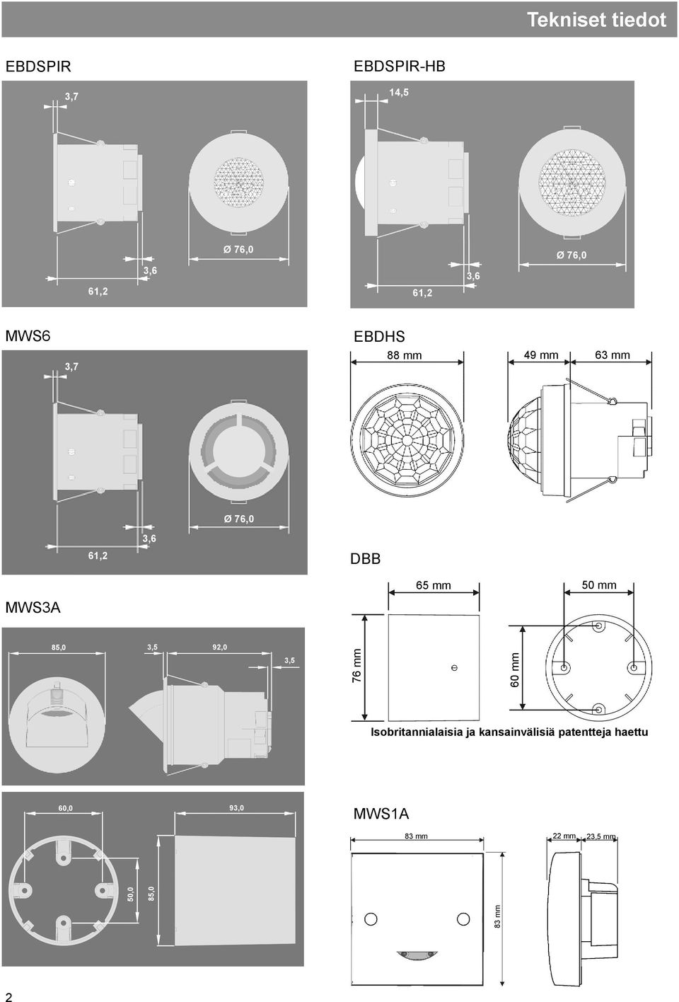 61,2 3,6 DBB 65 mm 50 mm MWS3A 85,0 3,5 92,0 3,5 Isobritannialaisia ja