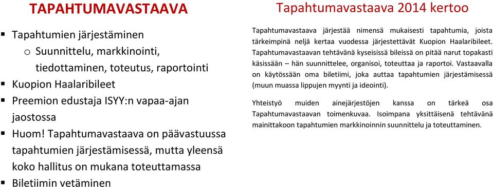 nimensä mukaisesti tapahtumia, joista tärkeimpinä neljä kertaa vuodessa järjestettävät Kuopion Haalaribileet.