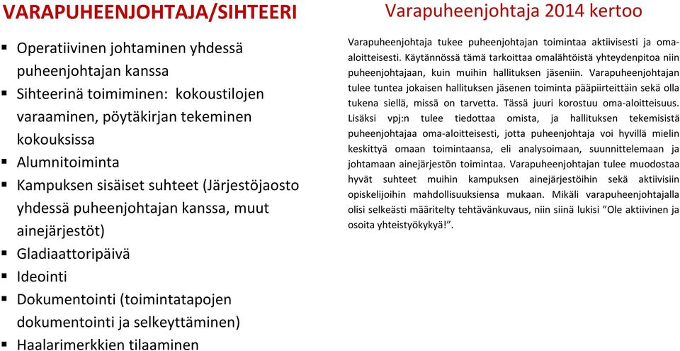 Varapuheenjohtaja 2014 kertoo Varapuheenjohtaja tukee puheenjohtajan toimintaa aktiivisesti ja omaaloitteisesti.