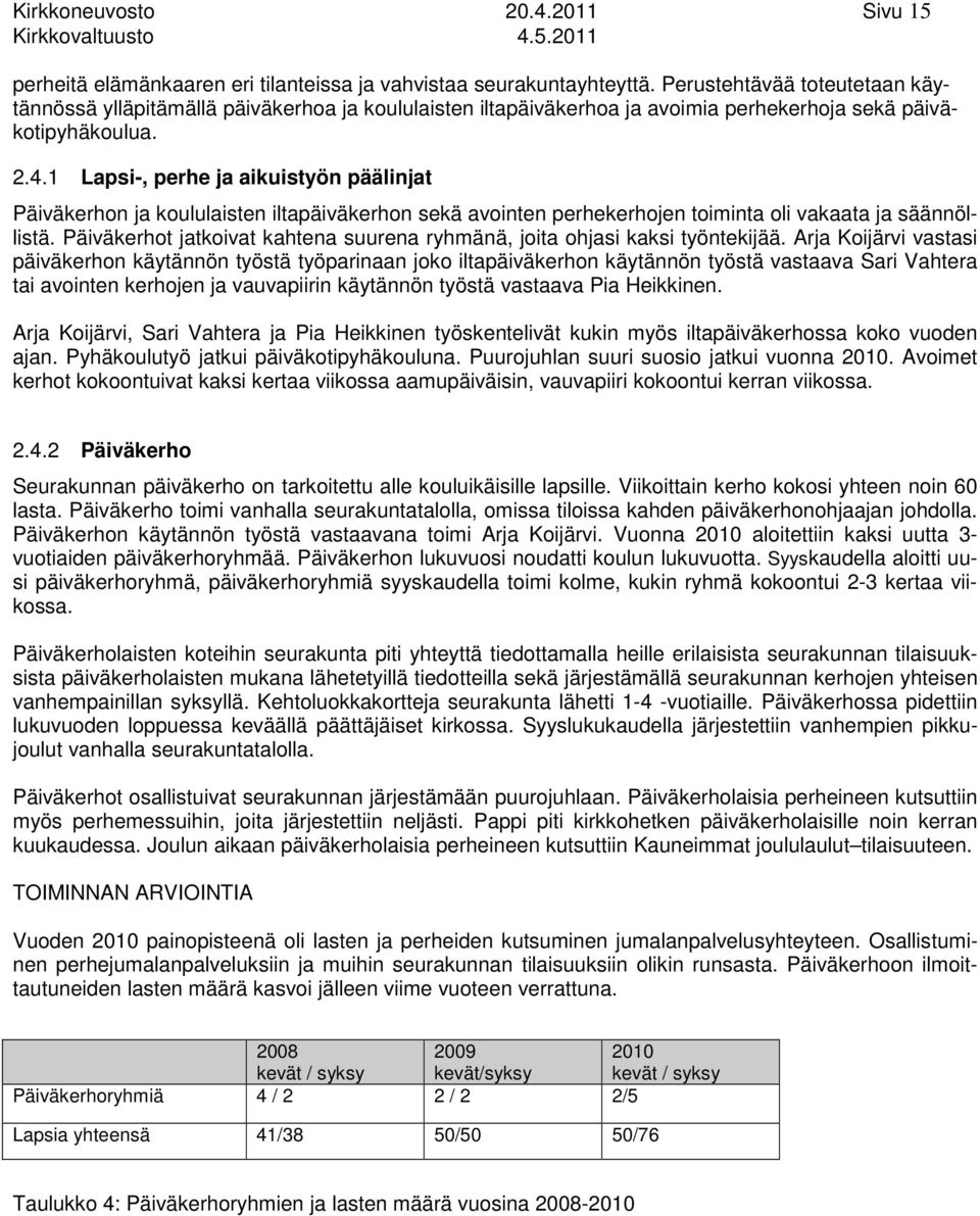 .. Lapsi, perhe ja aikuistyön päälinjat Päiväkerhon ja koululaisten iltapäiväkerhon sekä avointen perhekerhojen toiminta oli vakaata ja säännöllistä.