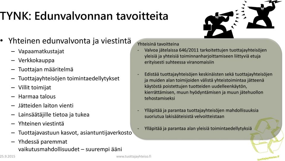 jätelaissa 646/2011 tarkoitettujen tuottajayhteisöjen yleisiä ja yhteisiä toiminnanharjoittamiseen liittyviä etuja erityisesti suhteessa viranomaisiin - Edistää tuottajayhteisöjen keskinäisten sekä