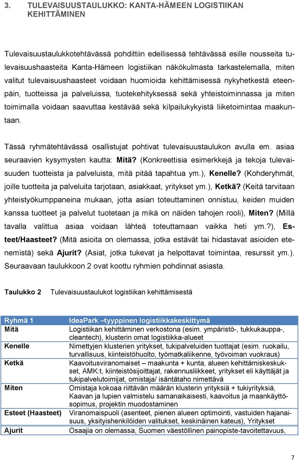 toimimalla voidaan saavuttaa kestävää sekä kilpailukykyistä liiketoimintaa maakuntaan. Tässä ryhmätehtävässä osallistujat pohtivat tulevaisuustaulukon avulla em.