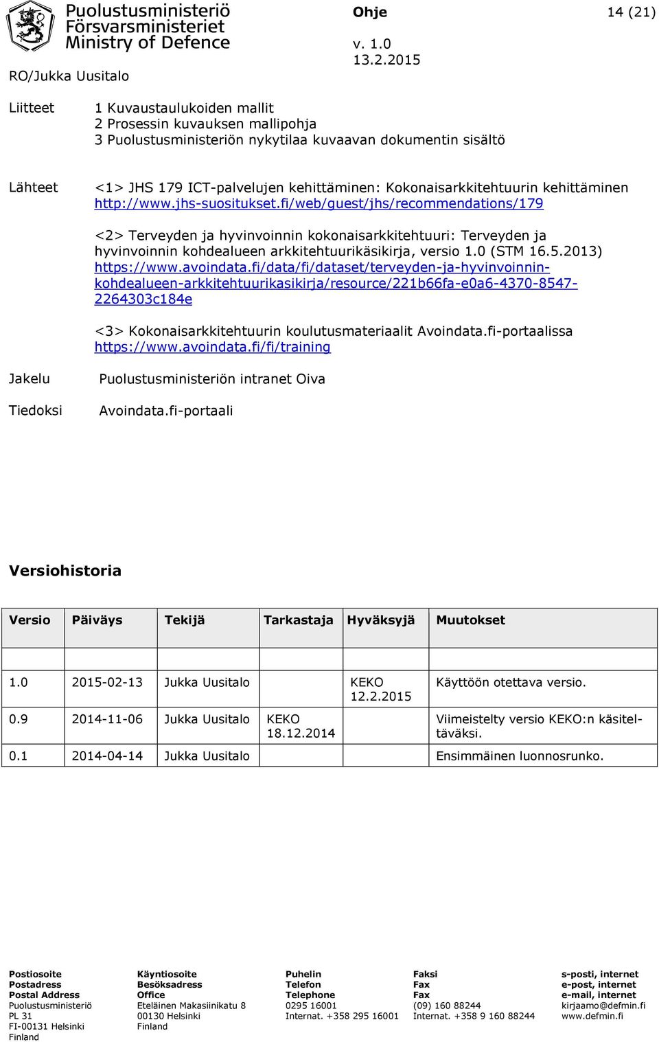 215 Liitteet 1 Kuvaustaulukoiden mallit 2 Prosessin kuvauksen mallipohja 3 Puolustusministeriön nykytilaa kuvaavan dokumentin sisältö Lähteet <1> JHS 179 ICT-palvelujen kehittäminen: