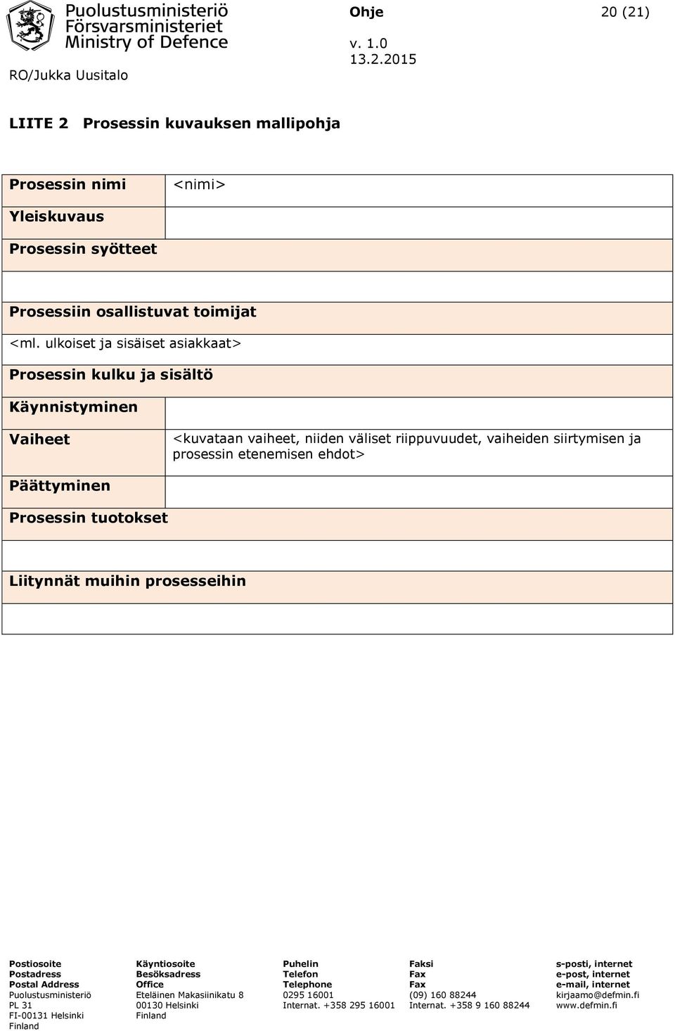 siirtymisen ja prosessin etenemisen ehdot> Päättyminen Prosessin tuotokset Liitynnät muihin prosesseihin Puolustusministeriö Eteläinen