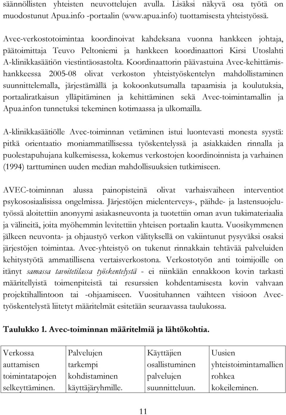 Koordinaattorin päävastuina Avec-kehittämishankkeessa 2005-08 olivat verkoston yhteistyöskentelyn mahdollistaminen suunnittelemalla, järjestämällä ja kokoonkutsumalla tapaamisia ja koulutuksia,