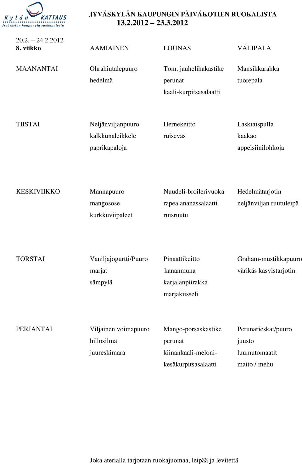 KESKIVIIKKO Mannapuuro Nuudeli-broilerivuoka Hedelmätarjotin mangosose rapea ananassalaatti neljänviljan ruutuleipä kurkkuviipaleet ruisruutu TORSTAI Vaniljajogurtti/Puuro Pinaattikeitto