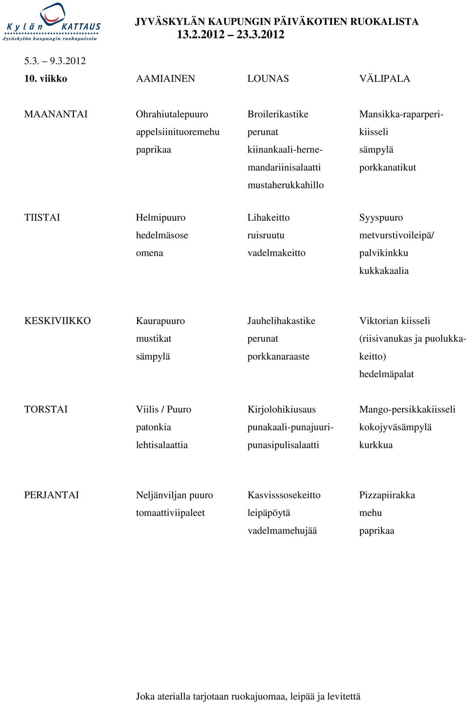 mustaherukkahillo TIISTAI Helmipuuro Lihakeitto Syyspuuro hedelmäsose ruisruutu metvurstivoileipä/ omena vadelmakeitto palvikinkku kukkakaalia KESKIVIIKKO Kaurapuuro Jauhelihakastike Viktorian