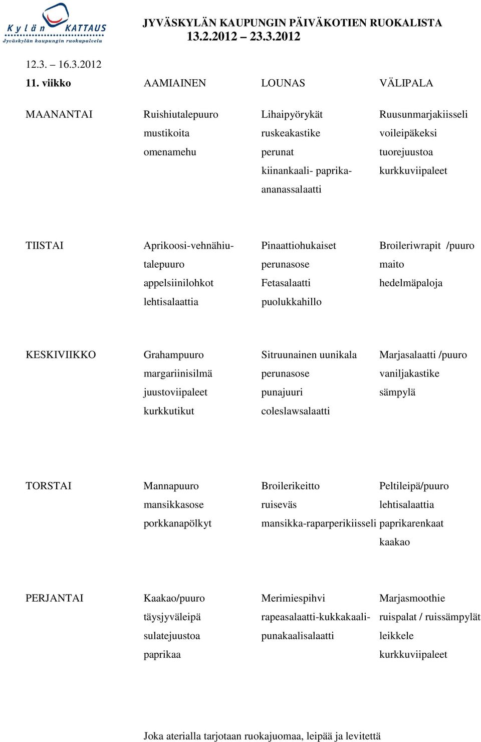 kurkkuviipaleet ananassalaatti TIISTAI Aprikoosi-vehnähiu- Pinaattiohukaiset Broileriwrapit /puuro talepuuro perunasose maito appelsiinilohkot Fetasalaatti hedelmäpaloja lehtisalaattia puolukkahillo